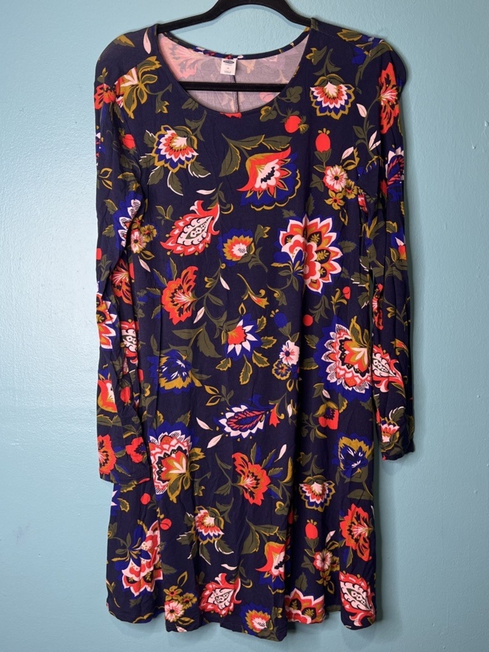 Old Navy Navy Floral Midi Dress with Red and Pink Accents